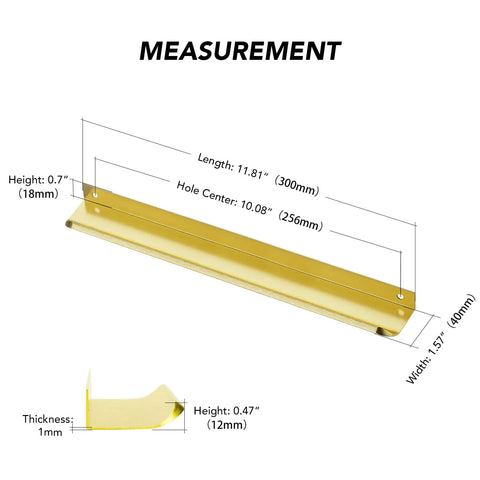 15 Pack Gold Finger Edge Cabinet Pulls With 256mm Hole Center showing measurements and dimensions, zinc alloy concealed drawer handles