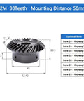 Built Tough Heavy Duty Spiral Bevel Gear Set With Matching Pinion Hardware 30 Tooth 2M Module detail of gear dimensions and bore options.