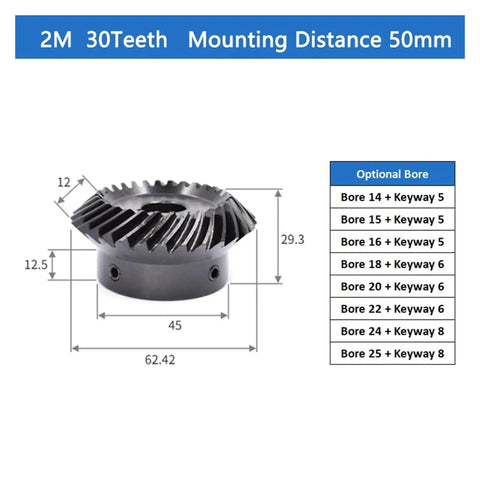 Built Tough Heavy Duty Spiral Bevel Gear Set With Matching Pinion Hardware 30 Tooth 2M Module detail of gear dimensions and bore options.