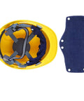 Yellow hard hat with blue Six Pack Cotton Hard Hat Sweatbands With Snap On Liner Reusable Sweatbands For Helmets All Day Comfort