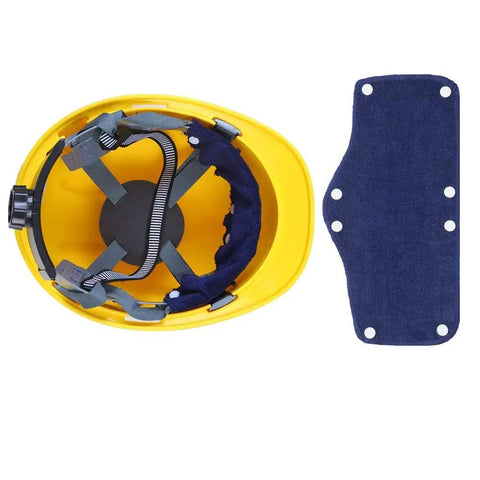 Yellow hard hat with blue Six Pack Cotton Hard Hat Sweatbands With Snap On Liner Reusable Sweatbands For Helmets All Day Comfort