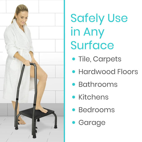Woman in robe using Step Up Stool With Handy Grip For Seniors And Adults Heavy Duty Bariatric Metal Bedside Bath Stool Up To 300 Pounds Non Slip Platform With Wide Angled Legs For Stable Easy Access in bathroom
