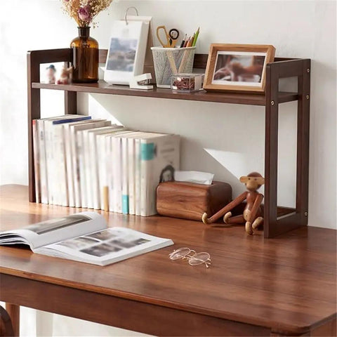 Open Style Wooden Bookshelf With Large Capacity Freestanding Storage Organizer displaying books and decor on a desk