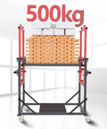 Heavy Duty Electric Lift Cart With Rock Solid Brakes And Smooth Rolling Wheels For Hassle Free Ceiling Painting and 500kg load capacity display.