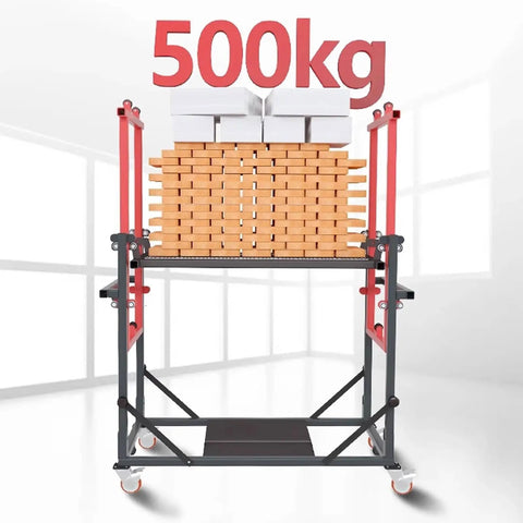 Heavy Duty Electric Lift Cart With Rock Solid Brakes And Smooth Rolling Wheels For Hassle Free Ceiling Painting and 500kg load capacity display.