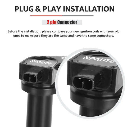 Close-up of 2-pin connector on Set Of 4 High Performance Ignition Coil Packs For 1.6L L4 Engines Fits Kia Rio Rio5 Hyundai Accent And Dodge Attitude 2006 Through 2011 UF499 C1543 Replacement showing plug and play installation