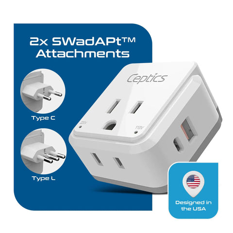 US To Italy Travel Plug Adapter Set With 2 Outlets, USB C 20W PD And QC 18W Fast Charge, featuring Type C and L attachments