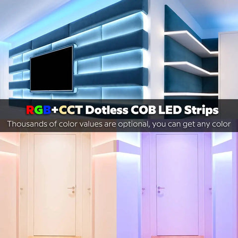 24V DC Color Changing RGBCCT Dotless COB LED Strip Lights in modern home interior with warm to cool tones