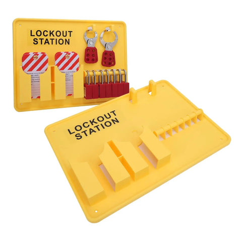 Lockout Tagout Station For Industrial Safety Deformation Proof Fifteen Point Two By Eleven Point Four Inches Tough As Nails PC Build Bright Safety Yellow Visibility Rugged Wall Mount Organizer For OSHA Compliance, yellow wall-mount station with locks and tags