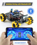 Front view of LAFVIN 4WD Mecanum robot car kit with yellow wheels, exposed electronics, and Bluetooth smartphone control.