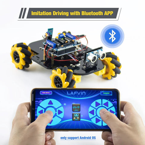 Front view of LAFVIN 4WD Mecanum robot car kit with yellow wheels, exposed electronics, and Bluetooth smartphone control.