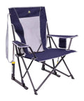 Indigo blue Comfort Pro Rocker Folding Outdoor Chair for camping with soft armrests and sturdy steel frame, collapsible for portability.