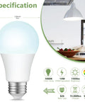 60W Equivalent A19 LED Light Bulbs 2700K Warm White Non-Dimmable 9.5W, energy specifications and kitchen illustration, UL Listed.