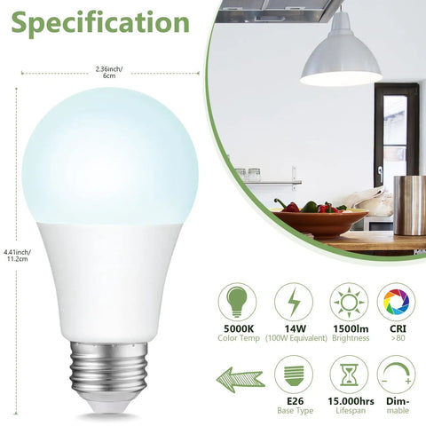 60W Equivalent A19 LED Light Bulbs 2700K Warm White Non-Dimmable 9.5W, energy specifications and kitchen illustration, UL Listed.