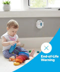 Child playing next to Dual Power Plug In Carbon Monoxide Detector with Battery Backup and Digital Display installed on wall.