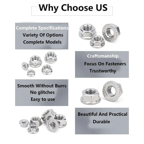 M8 X 1.25mm Serrated Flange Hex Lock Nut Set 25 Pieces 304 Stainless Steel features and benefits image for automotive and DIY use.
