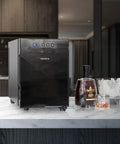 Beefy 100 Count Cabinet With Heating And Cooling Temperature Control System in modern kitchen, next to drinks and ice glasses.