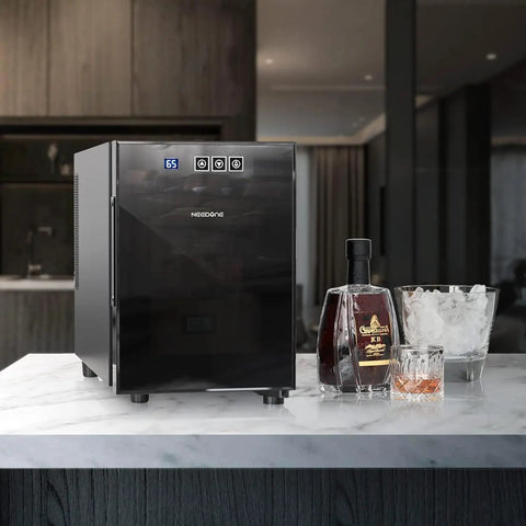 Beefy 100 Count Cabinet With Heating And Cooling Temperature Control System in modern kitchen, next to drinks and ice glasses.