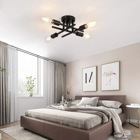 Semi Flush Mount 4 Light Ceiling Chandelier Matte Black With E26 Base shown in a modern bedroom setting