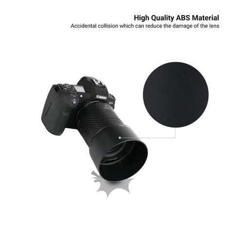 Reversible Lens Hood Replacement For RF 85mm F2 Macro IS STM On EOS R Series Cameras showing ABS material and protection