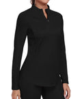 Women's Long Sleeve Quarter Zip Stand Collar Athletic Shirt With Moisture Wicking Tech For Golf Tennis Training And Everyday Wear Black XL