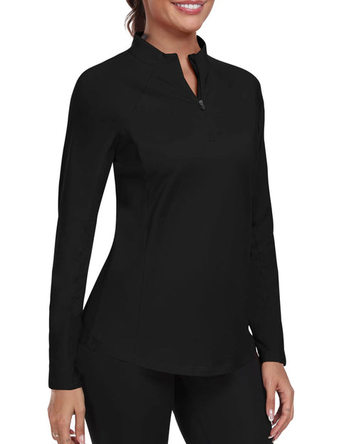 Women's Long Sleeve Quarter Zip Stand Collar Athletic Shirt With Moisture Wicking Tech For Golf Tennis Training And Everyday Wear Black XL