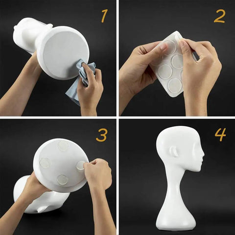 Steps showing Slick Silicone Adhesive Furniture Pads For Glass Tables And Cabinet Drawers Featuring Dead Quiet Anti Slip Grip.