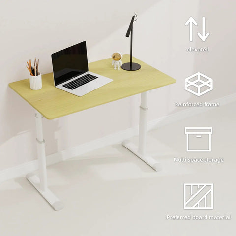 Heavy Duty Height Adjustable Standing Desk Featuring Smooth Manual Crank Ergonomic Wood Surface Zero Power Sit Stand Workstation Built Different For Your Daily Grind Setup with laptop and lamp.