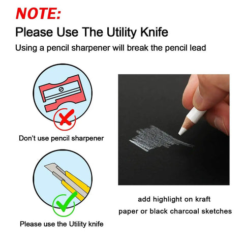 White Charcoal Pencils Drawing Set showing utility knife use for sharpening and highlighting on dark paper