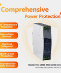 60W 24V Din Rail Power Supply For Factory Automation And Industrial Control, angled view with protection labels and terminal block