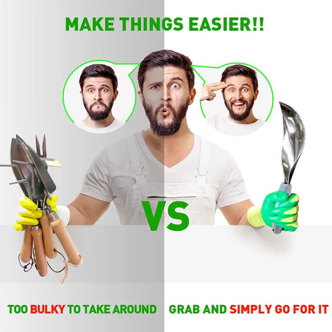 Man holding multiple garden tools versus Two Pack Beefy Garden Trowels Set With Stainless Steel Blades And Ergonomic Handles For Digging