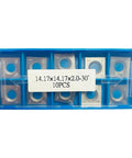 Premium Solid Tungsten Carbide Square Insert Blades For Spiral Jointer Head in blue case, ten 14.17x2mm blades for woodworking.