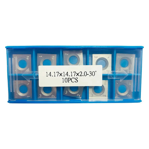 Premium Solid Tungsten Carbide Square Insert Blades For Spiral Jointer Head in blue case, ten 14.17x2mm blades for woodworking.