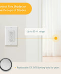 DecoFlex Wirefree RTS 5 Channel Wall Switch With Battery Pre Installed White Finish mounted on wall with button labels visible