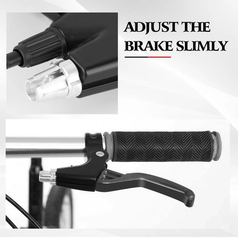 Close-up of black aluminum motorcycle brake lever handle attached to a handlebar, featuring an ergonomic grip and wire connector.