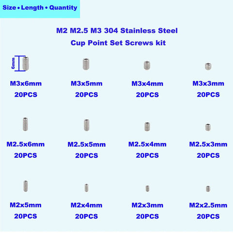 Top Shelf 304 Stainless Steel Assorted Cup Point Hex Socket Set Screws Kit 240 Piece Metric Grub Screw Pack M2 M2.5 M3 sizes displayed.
