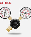 Front view of RX WELD argon regulator with dual gauges for MIG/TIG welding, CGA580 inlet connection