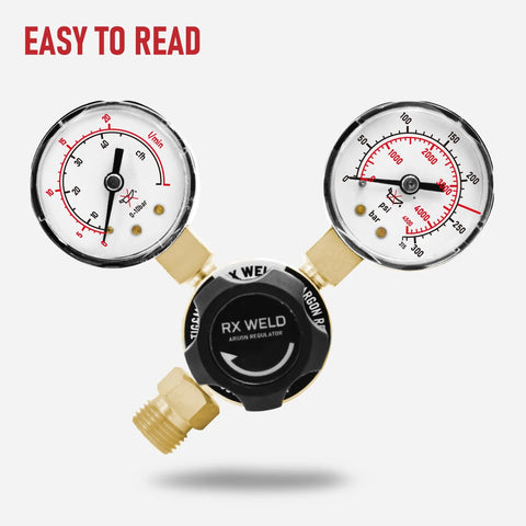 Front view of RX WELD argon regulator with dual gauges for MIG/TIG welding, CGA580 inlet connection