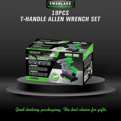 Box of Long Arm T Handle Allen Wrench Set Built Tough With Ball End Hex Keys For Metric And SAE Sizes 18 Piece Chrome Vanadium Steel