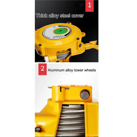 Heavy Duty Retractable Tool Balancer 2m With Hook And Wire Rope For Adjustable Suspended Tooling Use On Assembly Lines Capacity 0.5 To 1.2 Kg Built Tough For Busy Workshops Keeps Tools Handy And Reduces Clutter. Yellow tool balancer with alloy steel cover and wire rope