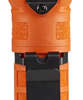 Back view of PolyTac 90X USB Right Angle LED Flashlight With Gear Keeper 500 Lumen 7000 Candela 167 Meter Beam in orange