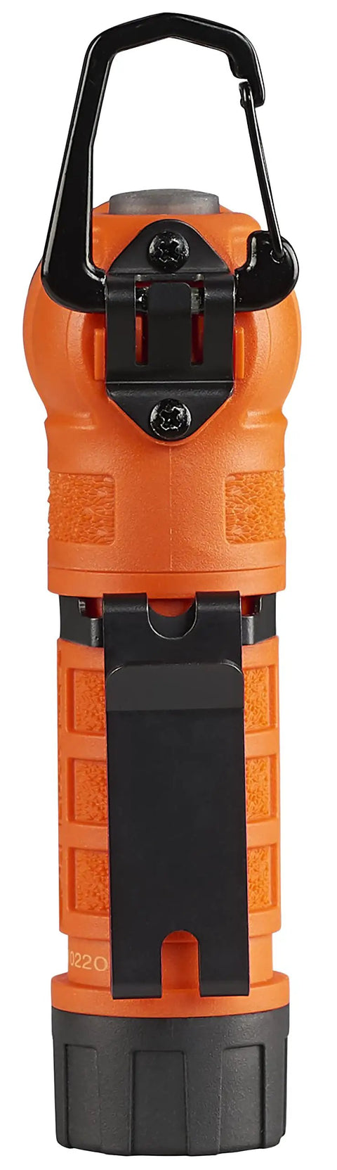 Back view of PolyTac 90X USB Right Angle LED Flashlight With Gear Keeper 500 Lumen 7000 Candela 167 Meter Beam in orange