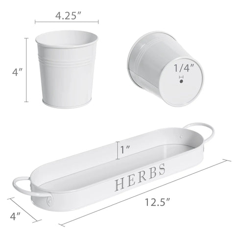 Indoor Herb Garden Planter Set With Tray For Windowsill And Countertop, Metal Farmhouse Style Planters With Drainage, dimensions shown.