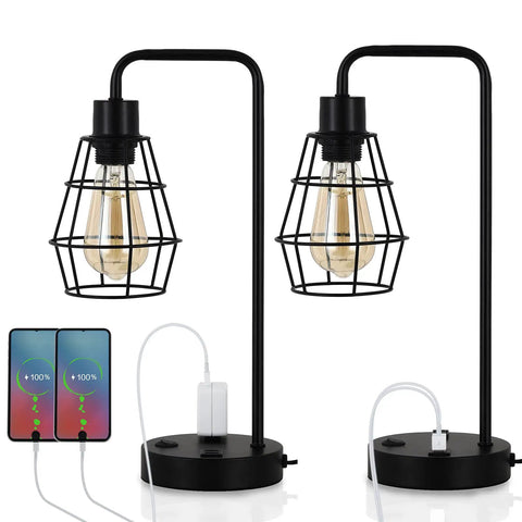 Two Pack USB Edison Desk Lamps With Dual USB Ports And 2 Prong Outlet, Industrial Wire Cage Reading Lamps, black metal, bulb shown