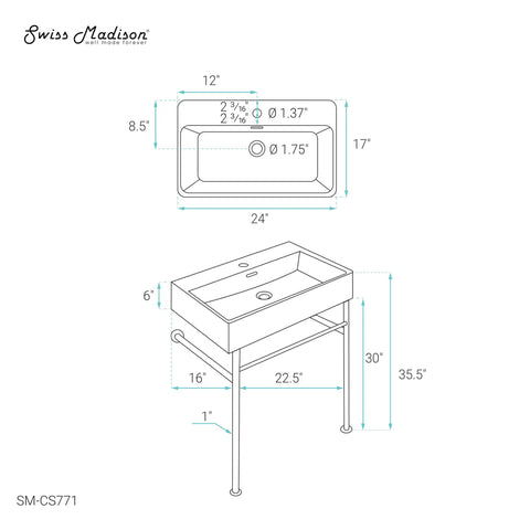 Technical drawing of Claire 24 Inch Ceramic Console Sink in Glossy White Basin with dimensions and pre-drilled faucet hole.