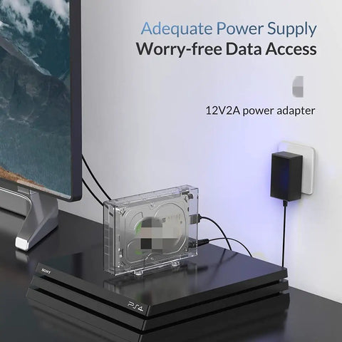 Transparent 3 5 Hdd Enclosure For 2 5 And 3 5 Sata To Usb3 0 Hard Drive Docking Station connected to a PS4, showing power adapter.