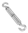 Heavy Duty Stainless Steel Cable Turnbuckle Tensioner Rust Proof Industrial Wire Rope Tightener Adjustable M16 Thread Hardware showing hooks and adjustable tensioning.