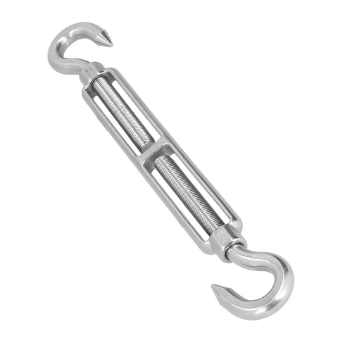 Heavy Duty Stainless Steel Cable Turnbuckle Tensioner Rust Proof Industrial Wire Rope Tightener Adjustable M16 Thread Hardware showing hooks and adjustable tensioning.