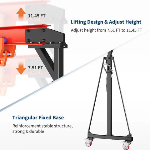 Heavy Duty 2200 Lbs Gantry Crane With 8 To 12 Ft Adjustable Height showcasing adjustable height from 7.51 FT to 11.45 FT.