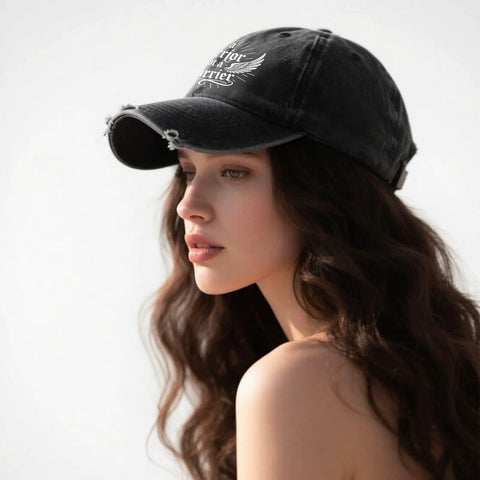 Side view of a woman wearing a breathable men's baseball cap with vented top holes for all day comfort, outdoor hat